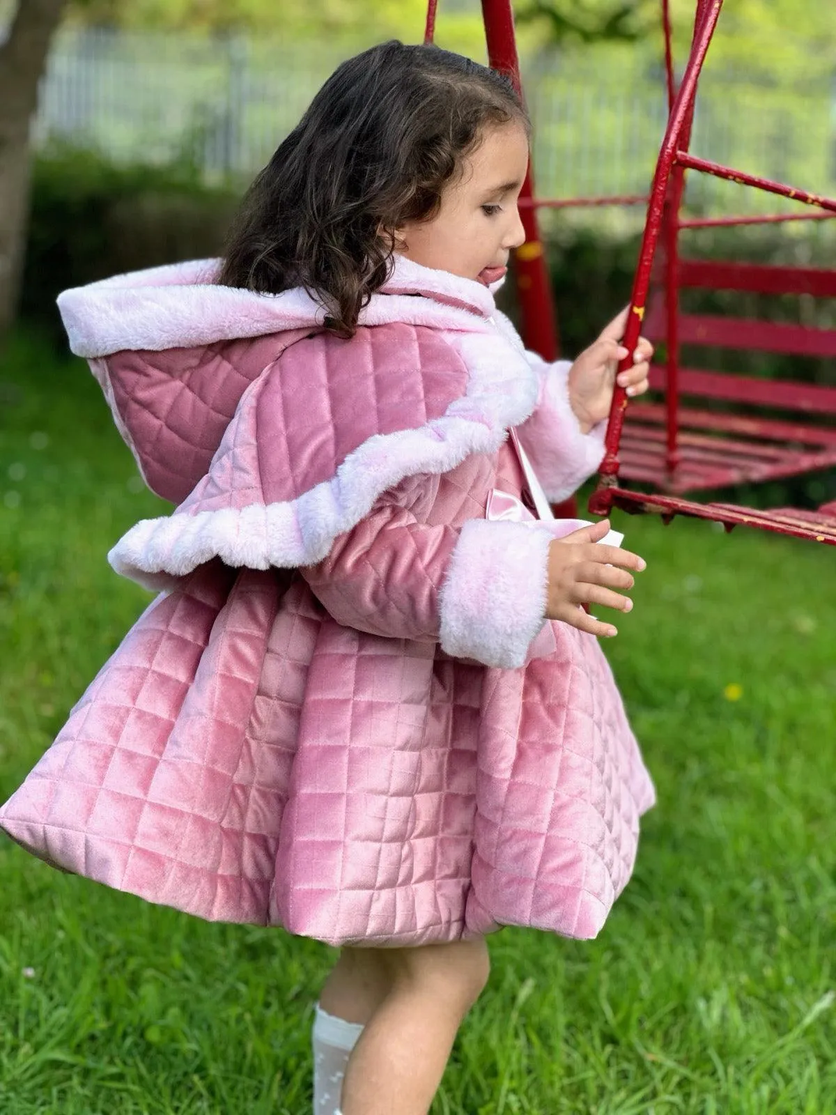 Sonata AW24 PRE-ORDER - Girls Pink Velvet Coat & Cape with Fur Trims