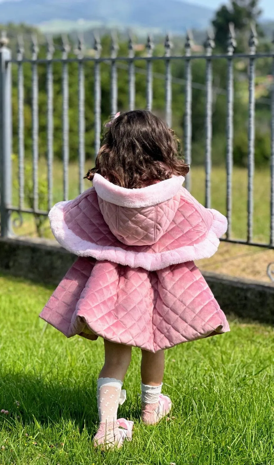 Sonata AW24 PRE-ORDER - Girls Pink Velvet Coat & Cape with Fur Trims