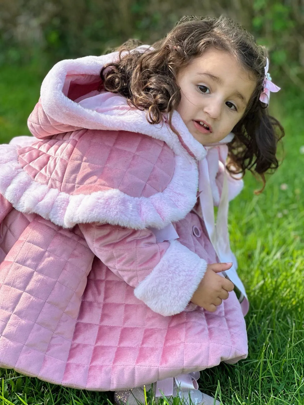 Sonata AW24 PRE-ORDER - Girls Pink Velvet Coat & Cape with Fur Trims