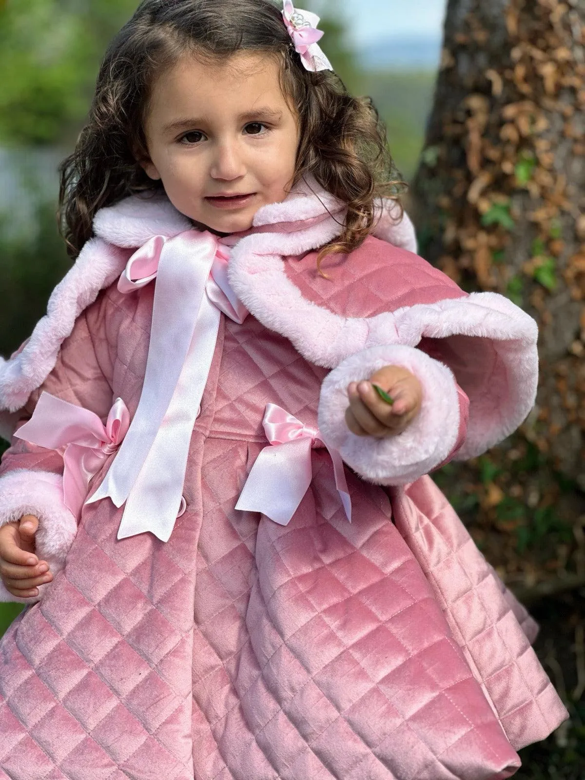 Sonata AW24 PRE-ORDER - Girls Pink Velvet Coat & Cape with Fur Trims