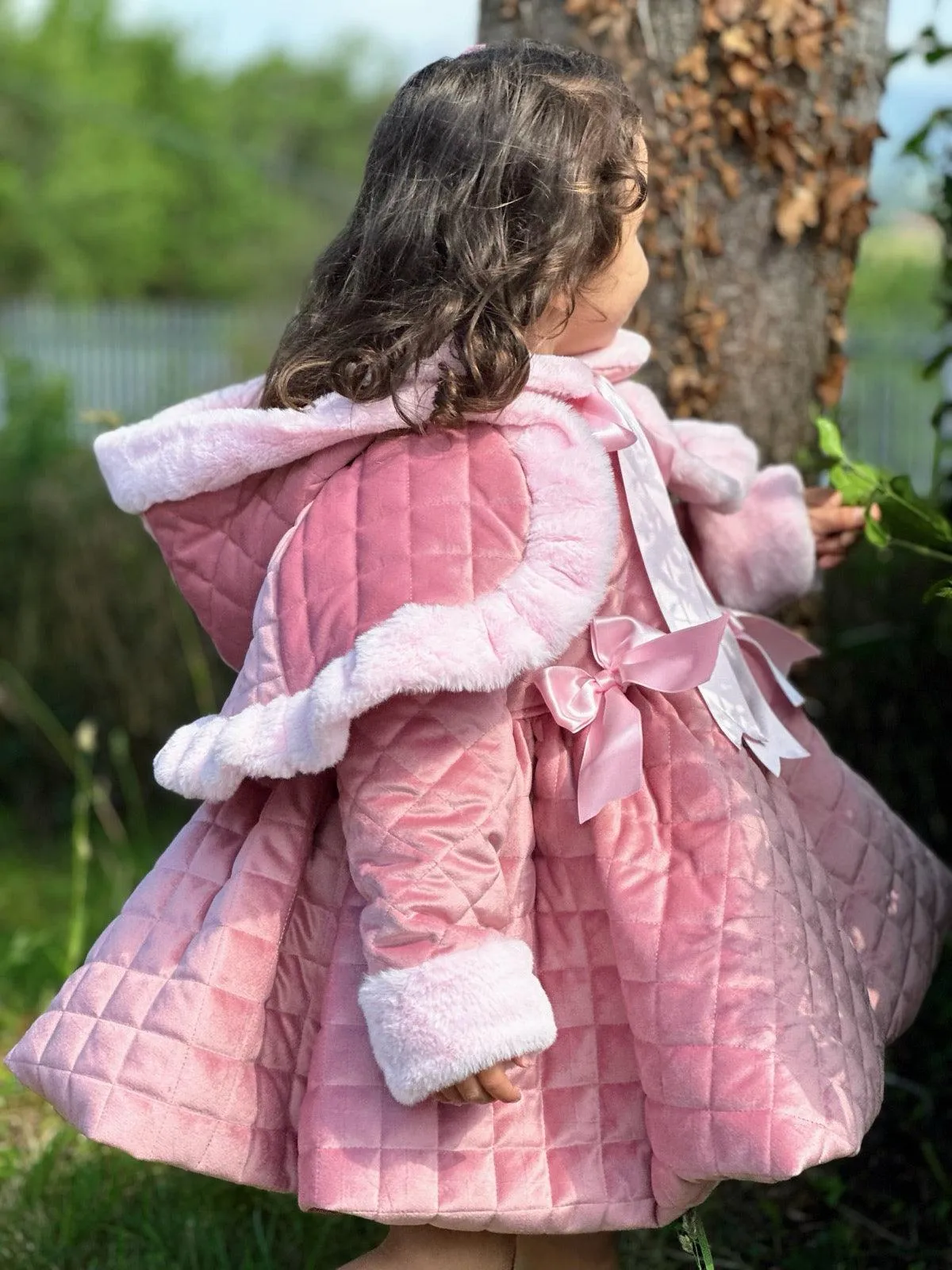 Sonata AW24 PRE-ORDER - Girls Pink Velvet Coat & Cape with Fur Trims