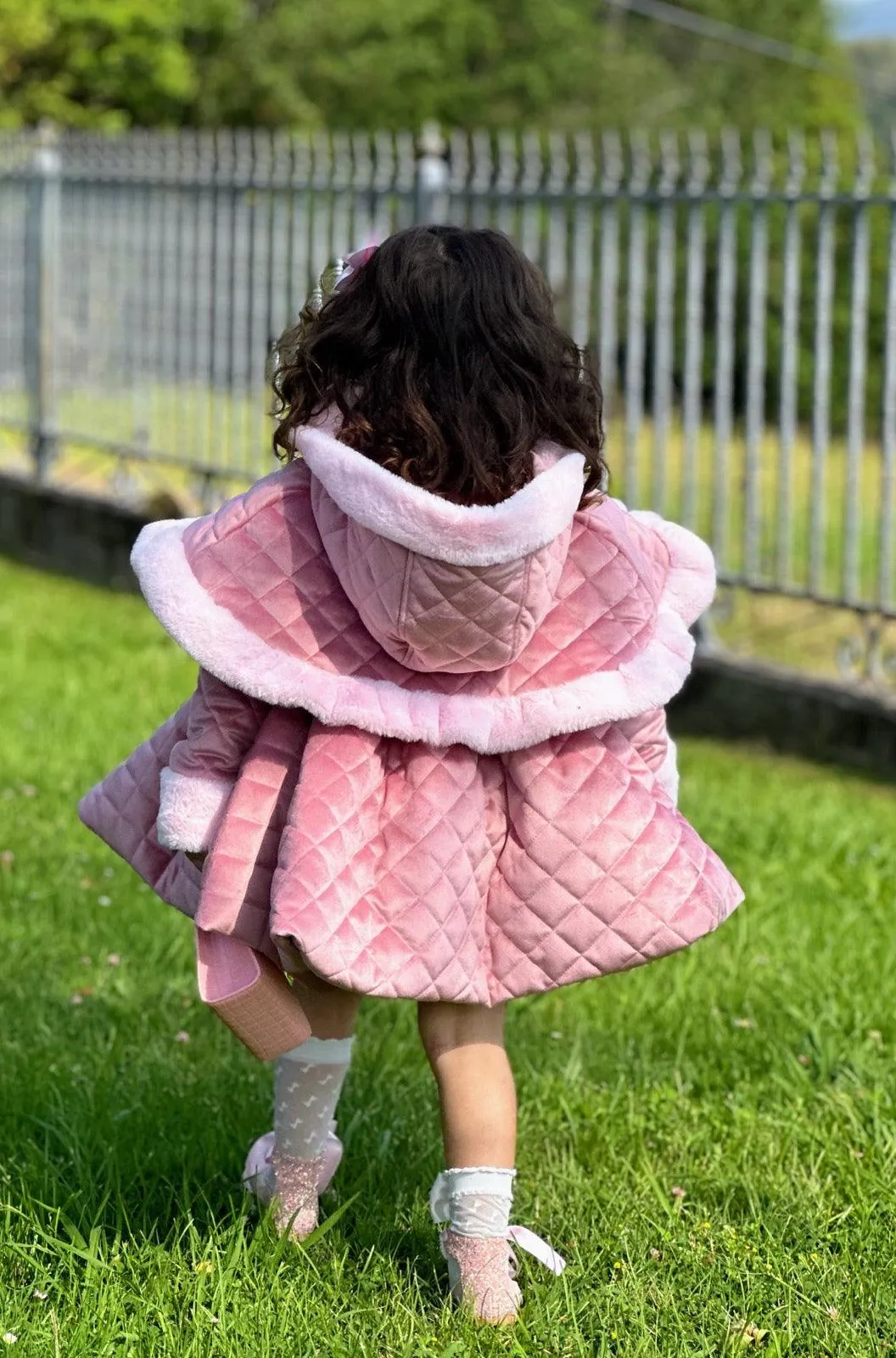 Sonata AW24 PRE-ORDER - Girls Pink Velvet Coat & Cape with Fur Trims