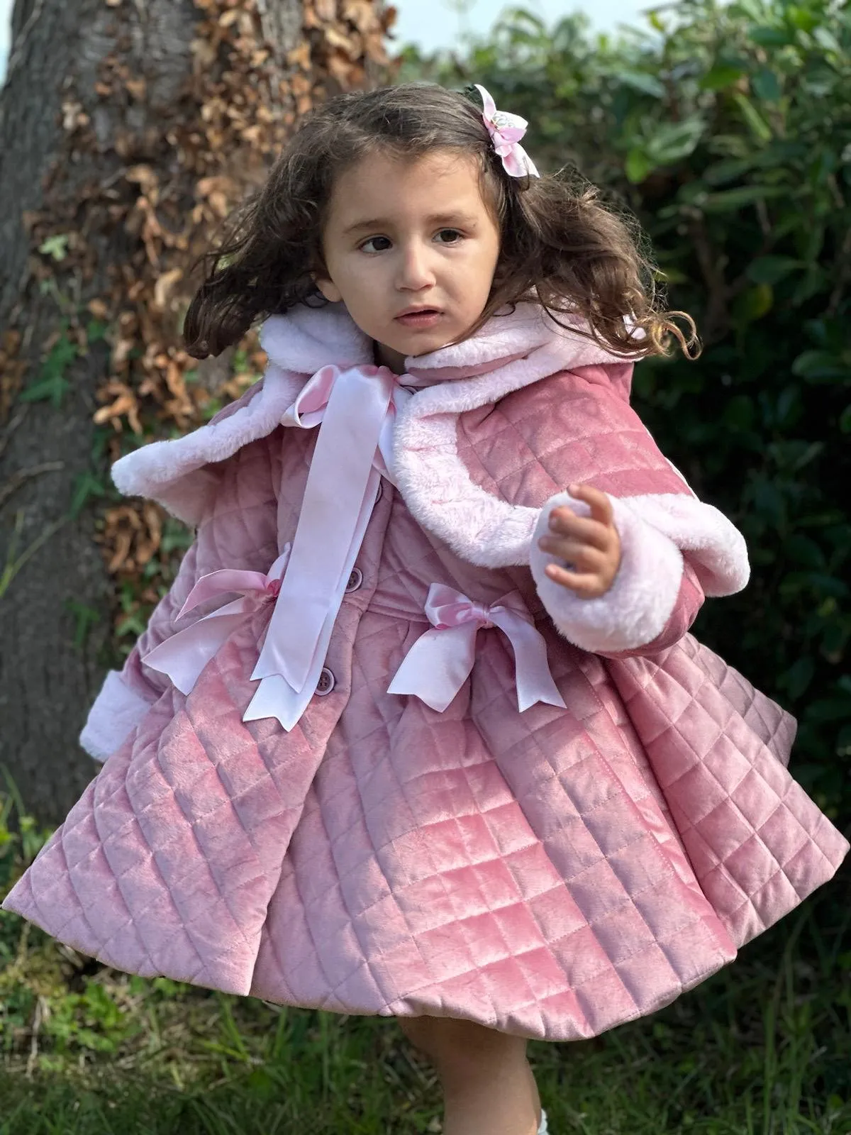 Sonata AW24 PRE-ORDER - Girls Pink Velvet Coat & Cape with Fur Trims