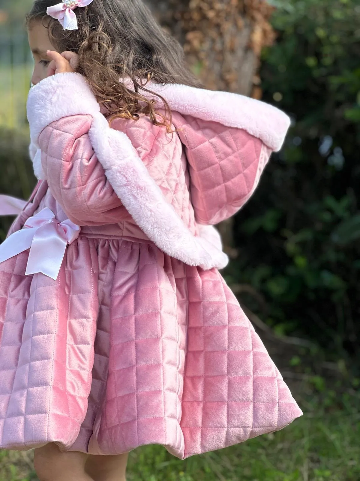 Sonata AW24 PRE-ORDER - Girls Pink Velvet Coat & Cape with Fur Trims