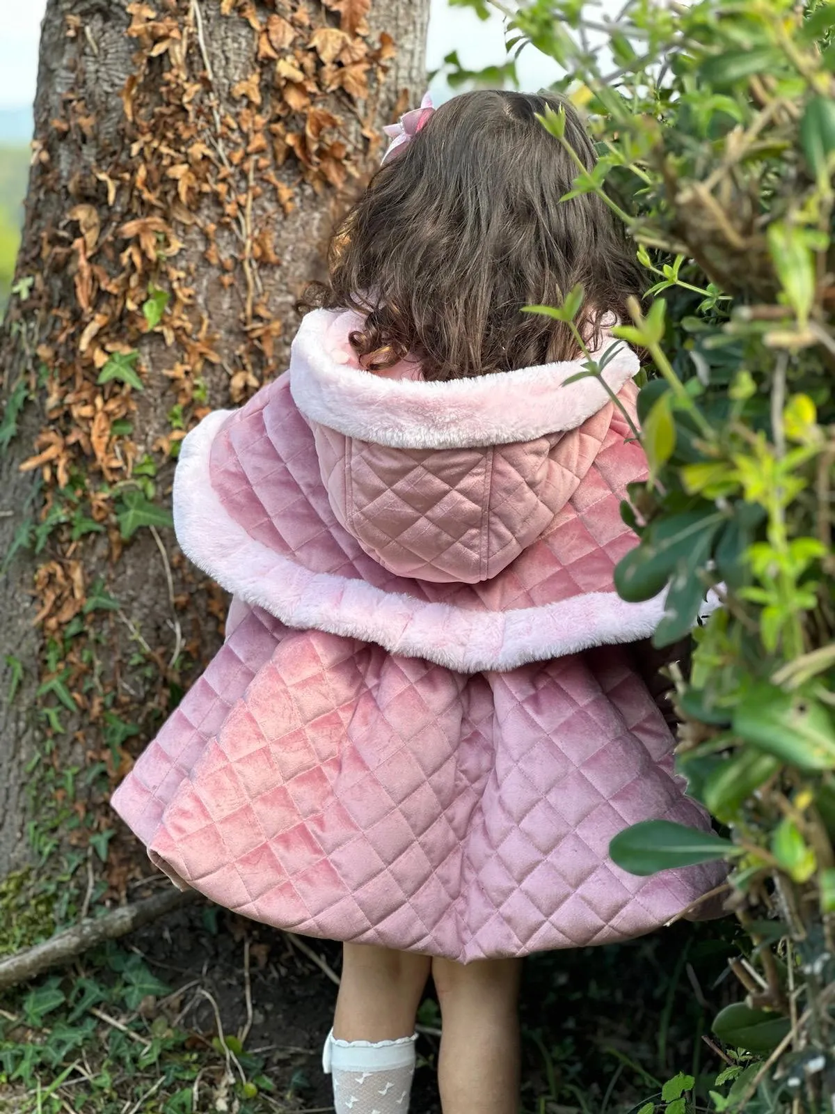 Sonata AW24 PRE-ORDER - Girls Pink Velvet Coat & Cape with Fur Trims