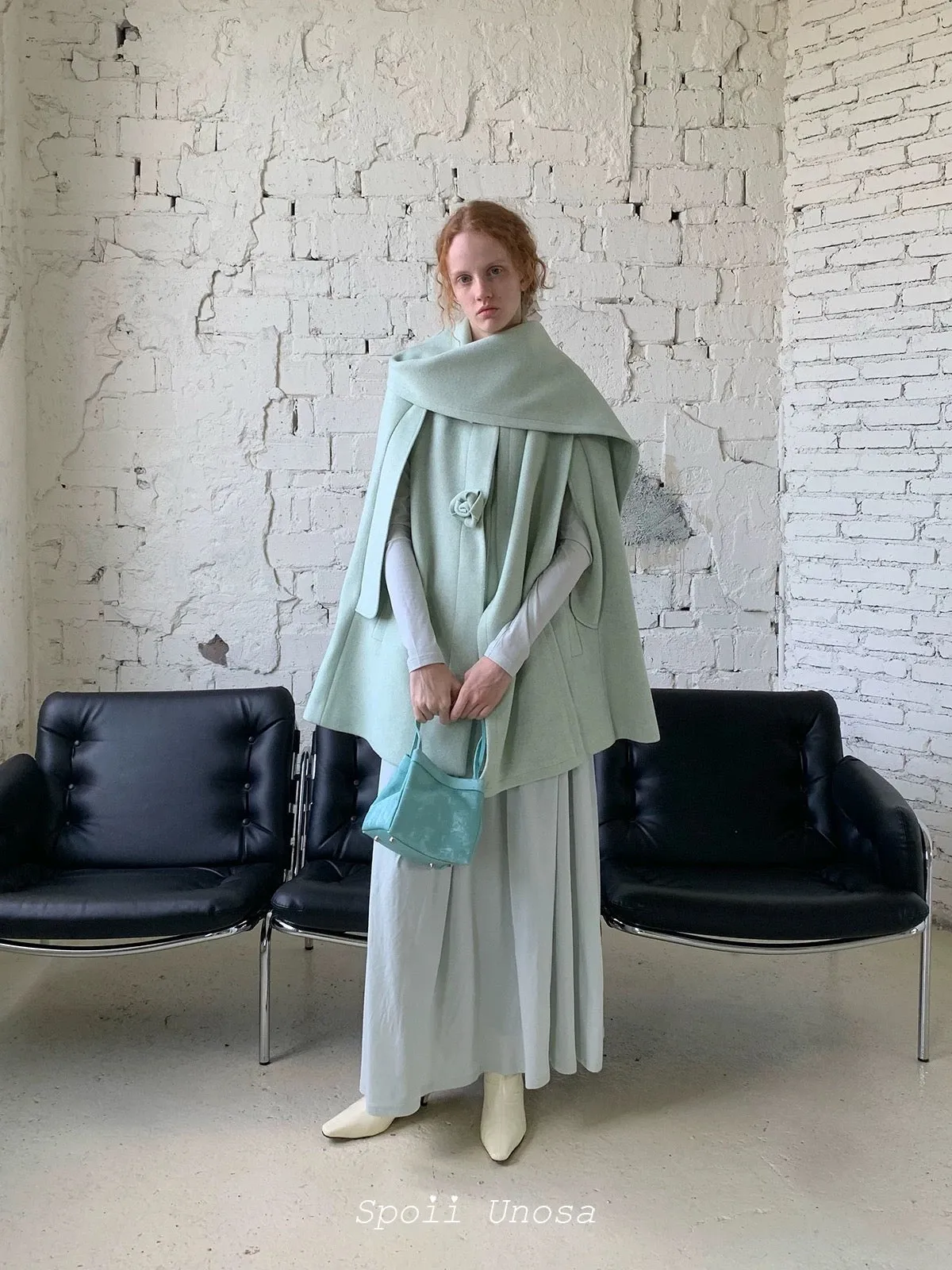 [SPOII UNOSA] Love Myself Mint Aesthetic Wool Coat Maxi Dress Set