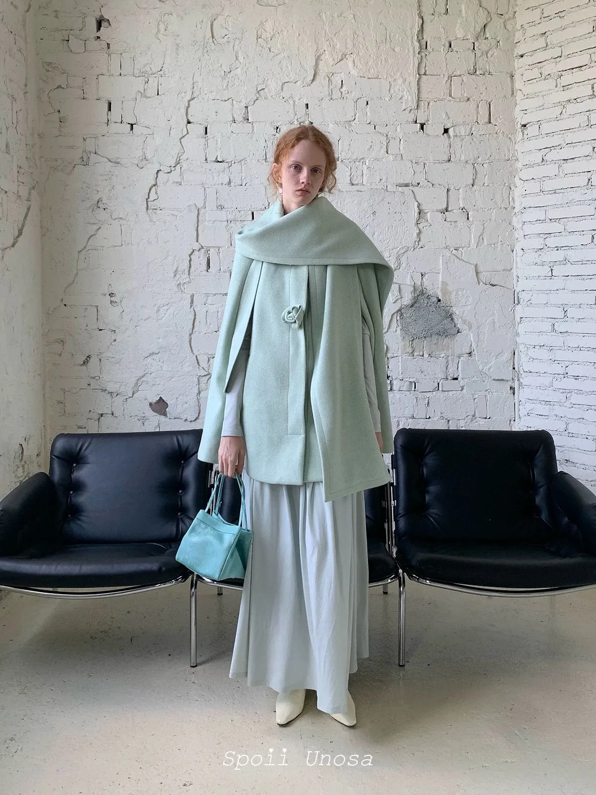 [SPOII UNOSA] Love Myself Mint Aesthetic Wool Coat Maxi Dress Set