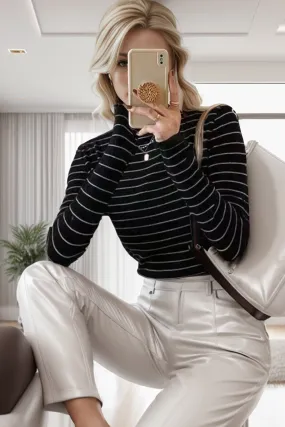 Striped Turtleneck Long Sleeve T-Shirt Women's Wool and Nylon Premium Warm Long Sleeve Blouse