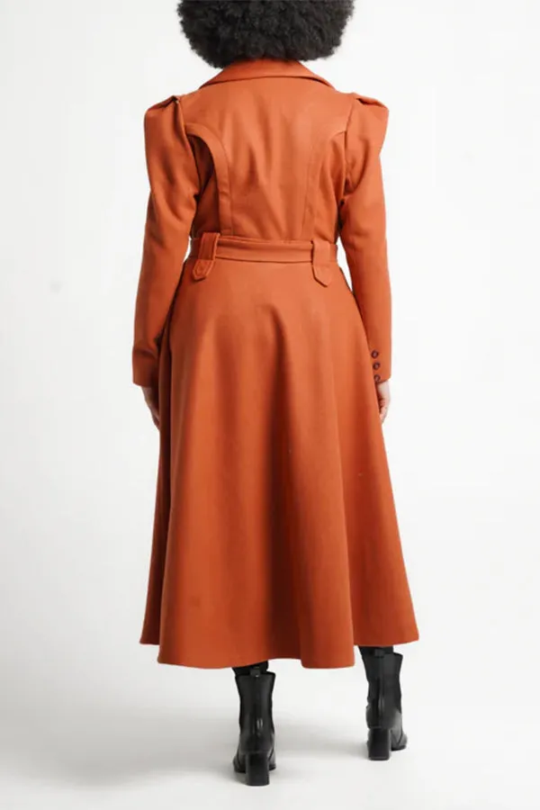 Stylish Solid Button Front Belted Coat