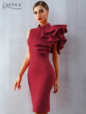 Summer Wine Red Celebrity Evening Runway Party Dress Sleeveless Ruffles Bodycon Midi Night Club Dress