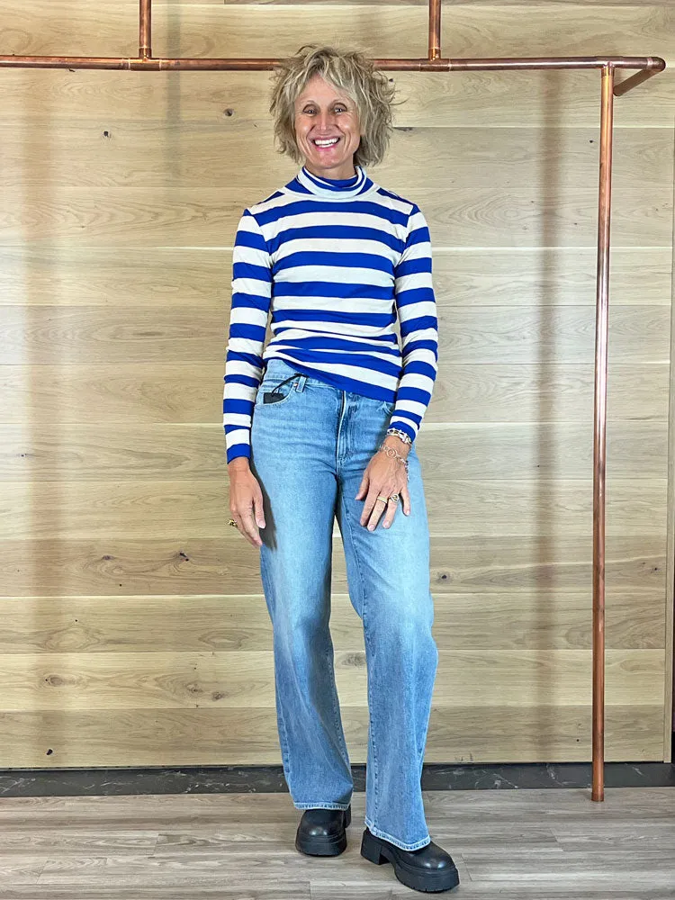 Summum Striped Sheer Turtleneck Top Royal Blue