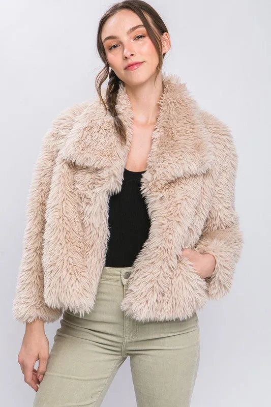 Tan Mid Waist Faux Fur Coat