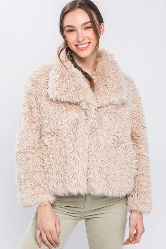 Tan Mid Waist Faux Fur Coat