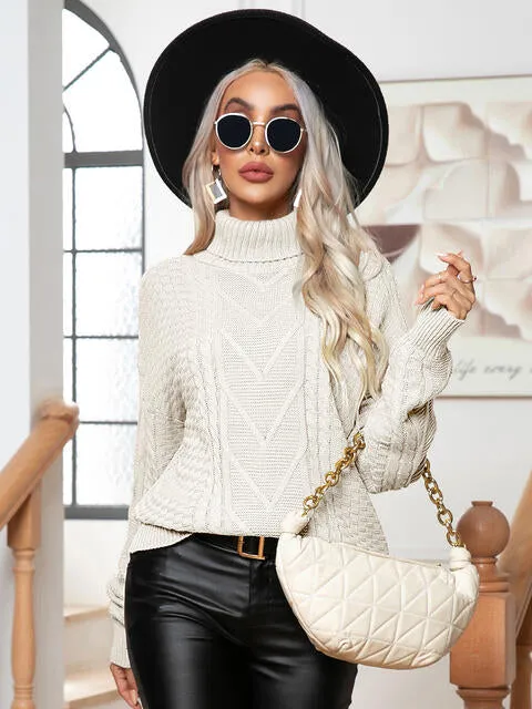 Turtleneck Cable-Knit Long Sleeve Sweater