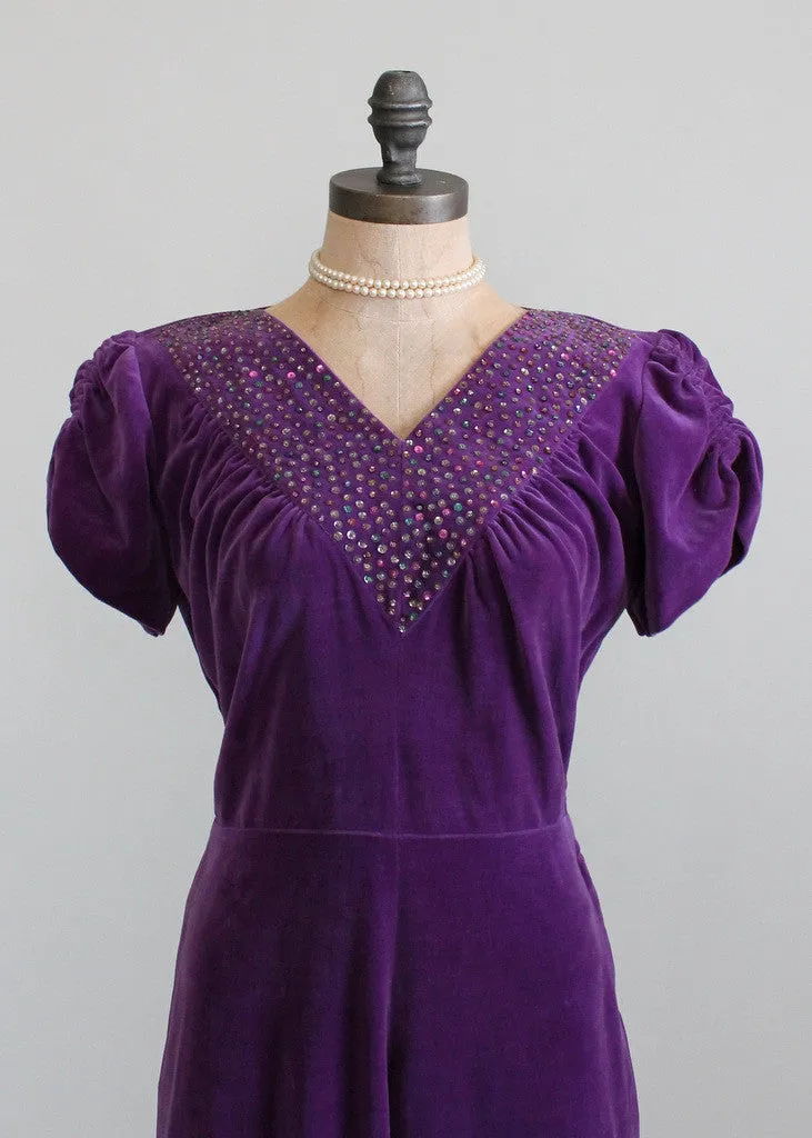 Vintage 1930s Sequined Purple Velvet Dress