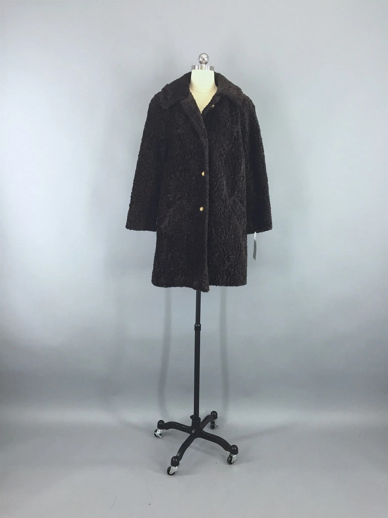 Vintage 1960s Brown Curly Lambswool Faux Fur Coat