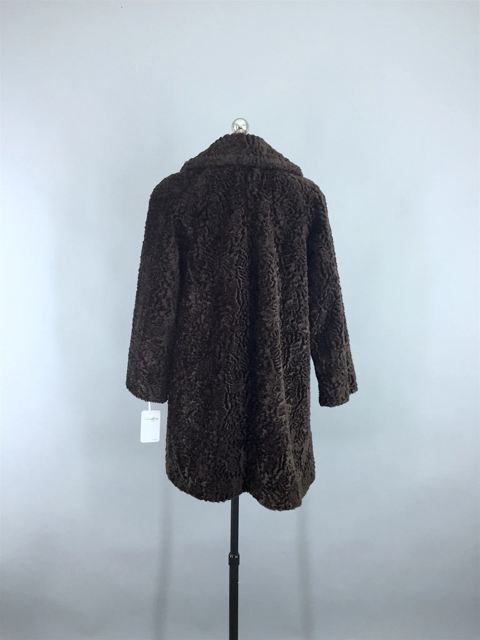 Vintage 1960s Brown Curly Lambswool Faux Fur Coat