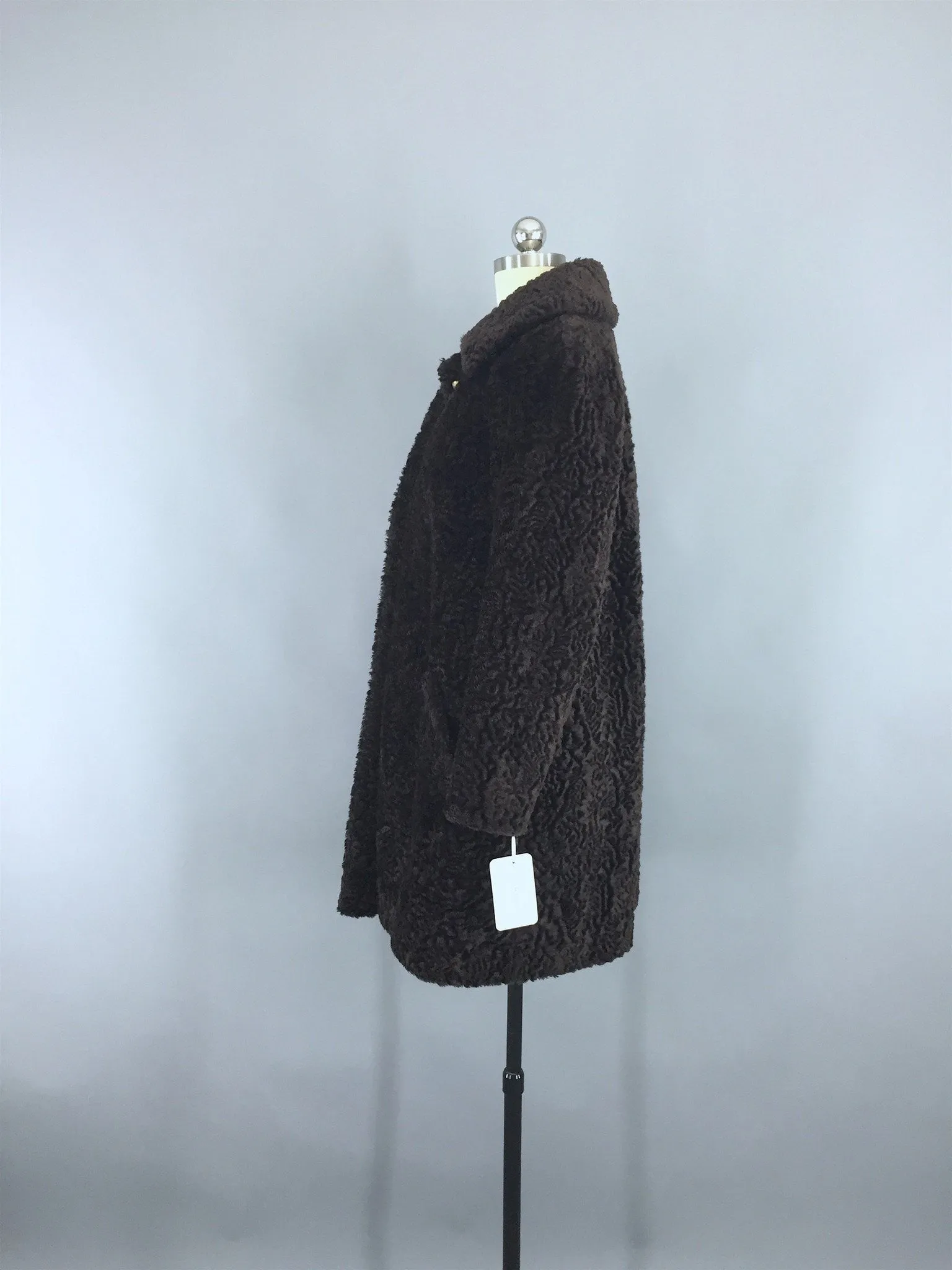 Vintage 1960s Brown Curly Lambswool Faux Fur Coat