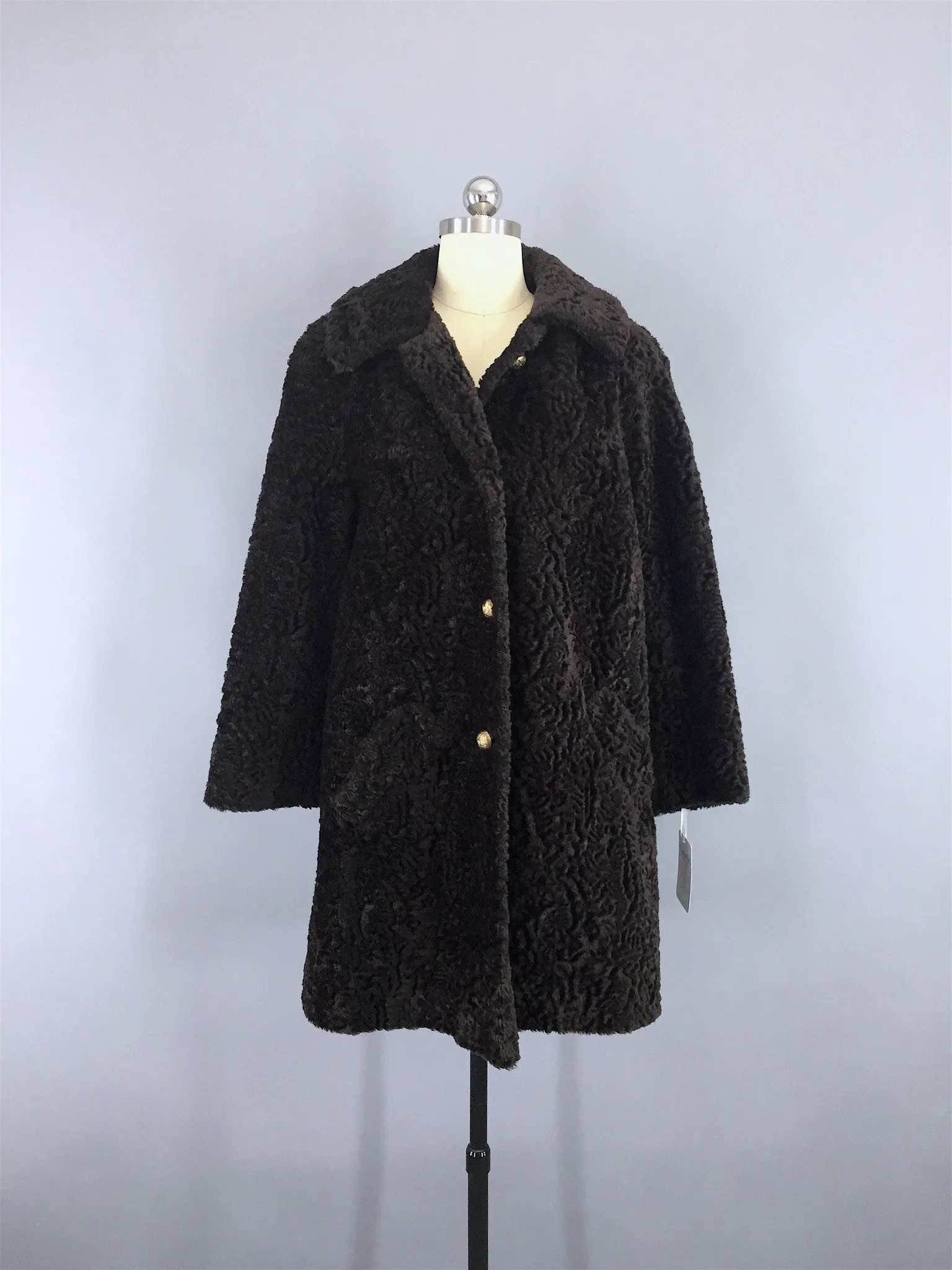 Vintage 1960s Brown Curly Lambswool Faux Fur Coat