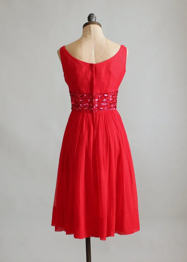 Vintage 1960s Red Chiffon and Sequins Party Dress