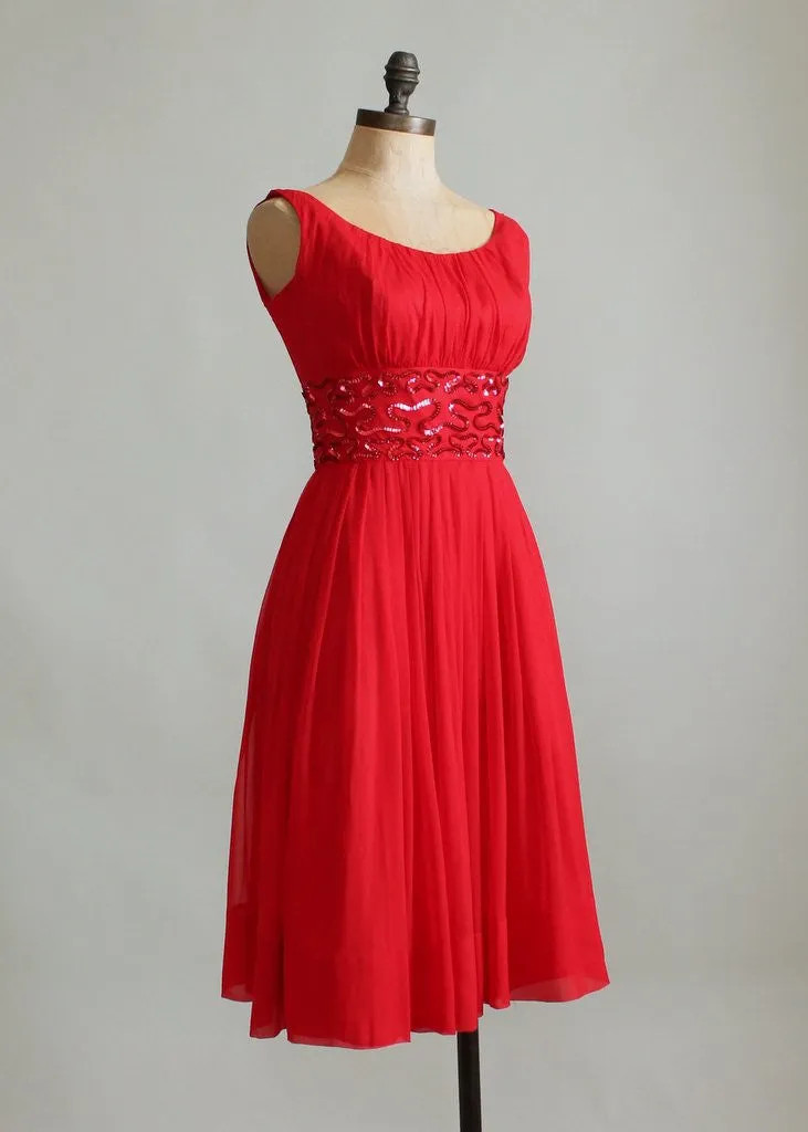 Vintage 1960s Red Chiffon and Sequins Party Dress