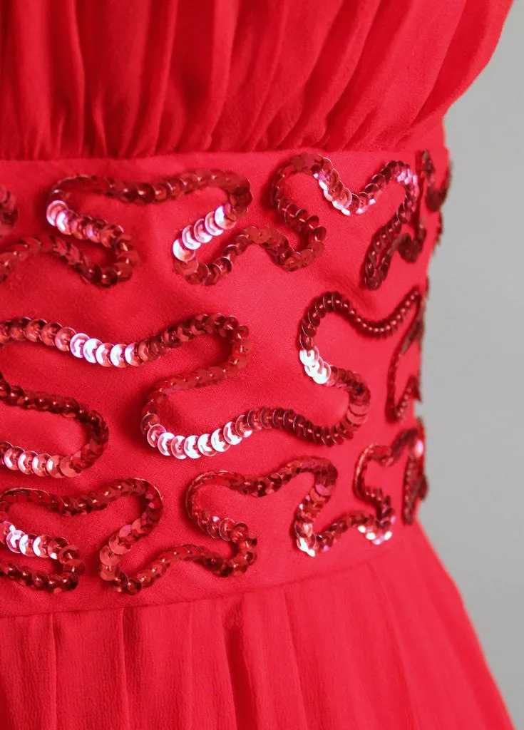 Vintage 1960s Red Chiffon and Sequins Party Dress