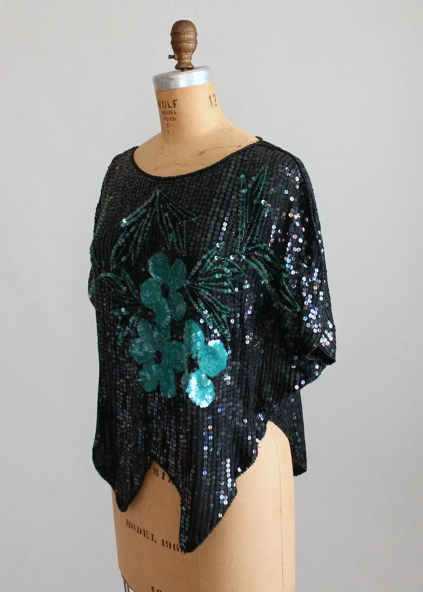 Vintage 1970s Sequined Flowers Party Top