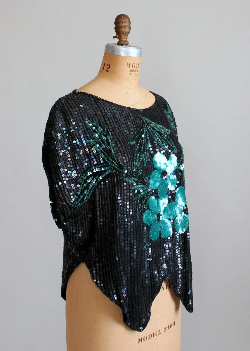 Vintage 1970s Sequined Flowers Party Top