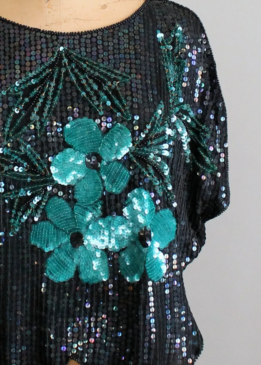 Vintage 1970s Sequined Flowers Party Top