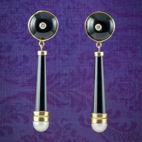 Vintage Onyx Diamond Pearl Drop Earrings 14ct Gold