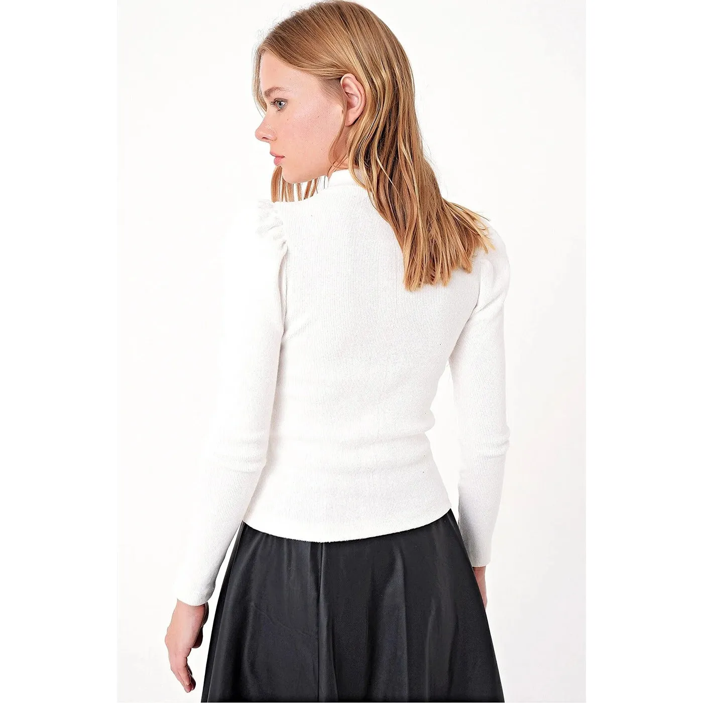 White Puff Shoulder Turtleneck Top