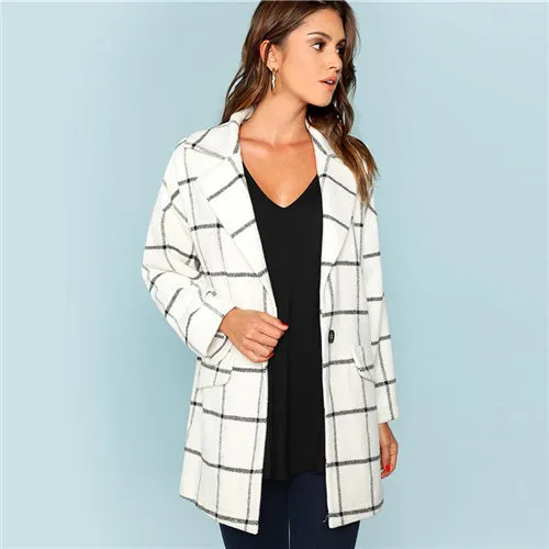 White Single Button Waterfall Grid Coat