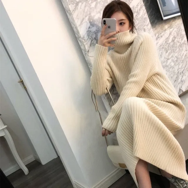 WILUXE  long female solid High collar Cashmere blended Sweater dress color pulloverknit knee Wool Sexy Solid Robe Long Knitted Office