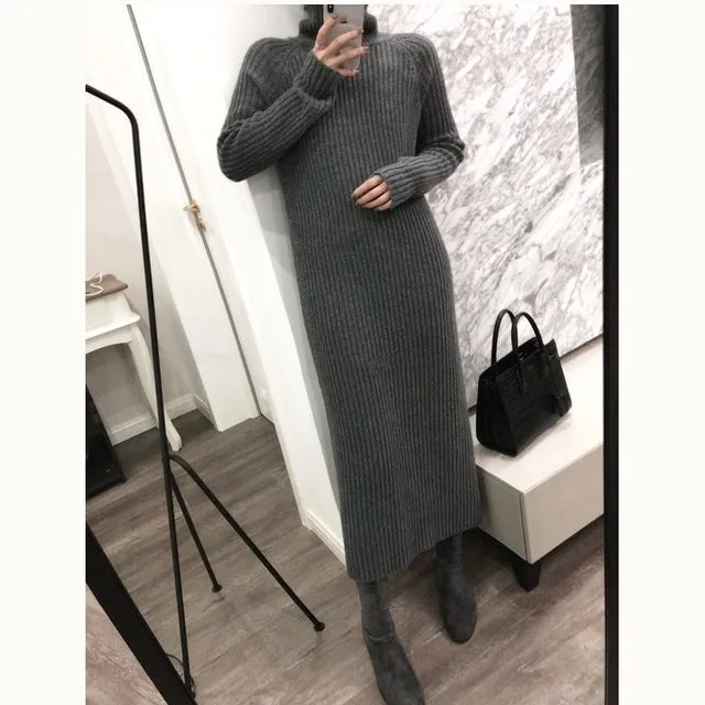 WILUXE  long female solid High collar Cashmere blended Sweater dress color pulloverknit knee Wool Sexy Solid Robe Long Knitted Office