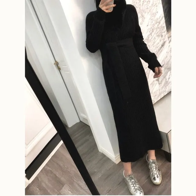 WILUXE  long female solid High collar Cashmere blended Sweater dress color pulloverknit knee Wool Sexy Solid Robe Long Knitted Office