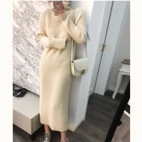 WILUXE  long female solid High collar Cashmere blended Sweater dress color pulloverknit knee Wool Sexy Solid Robe Long Knitted Office