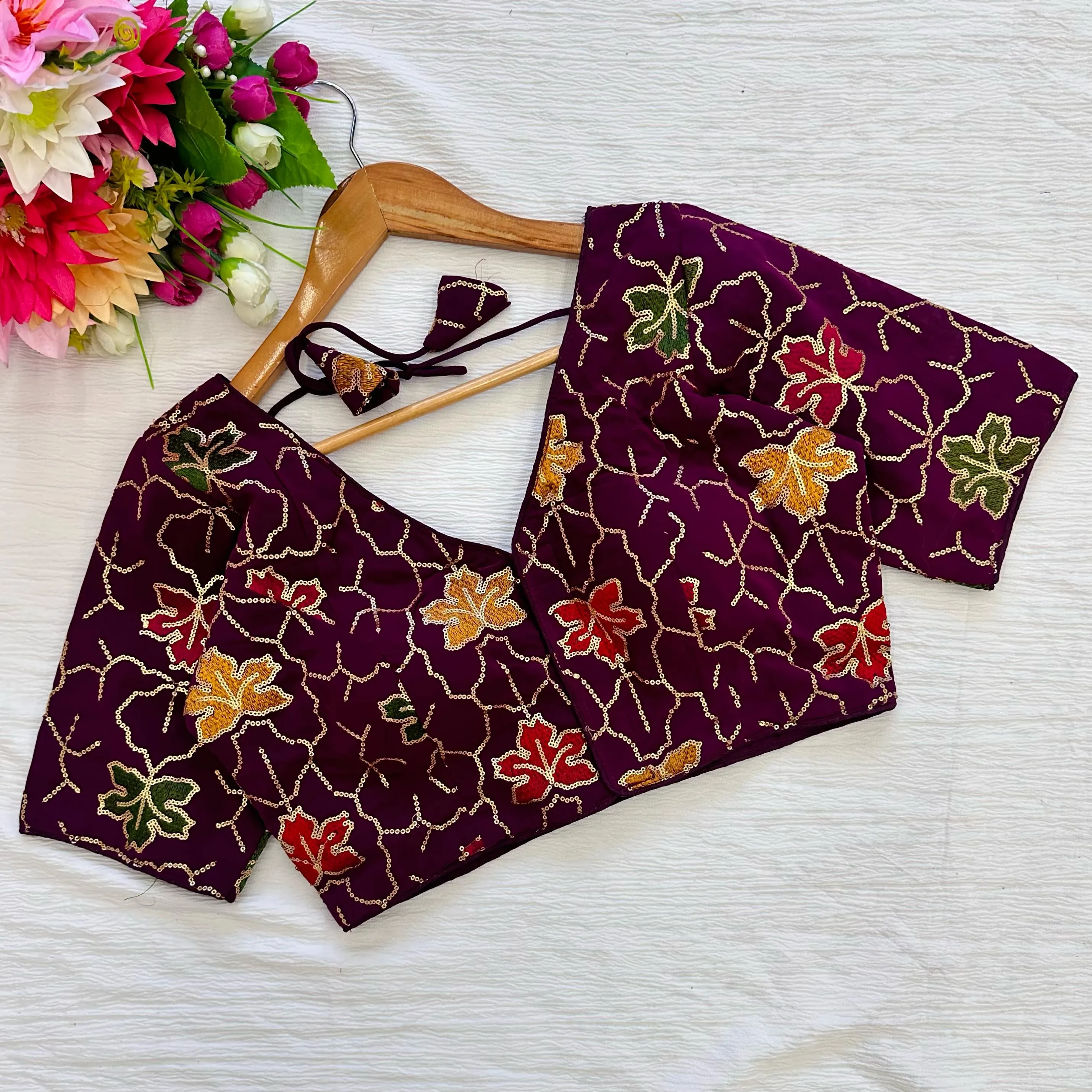 Wine Golden Sequined Blouse with Colorful Embroidery in Georgette Silk