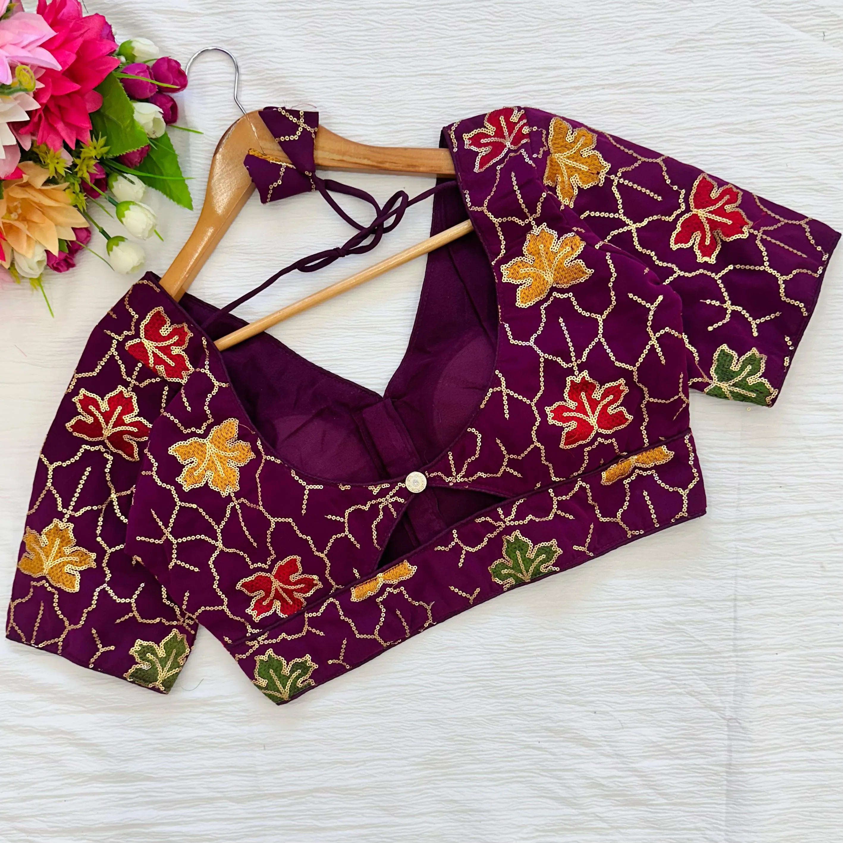 Wine Golden Sequined Blouse with Colorful Embroidery in Georgette Silk