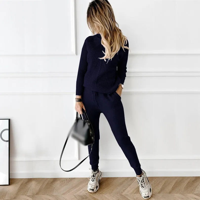 Winter Women's tracksuit Solid Color Striped Turtleneck Sweater and Elastic Trousers Suits Knitted Two Piece Set