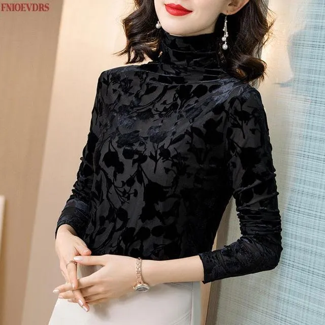 Wjczt Women Spring Winter Basic Shirts Slim Elegant Office Lady Polka Dot Warm Velvet Velour Gold Turtleneck Tops Blouse