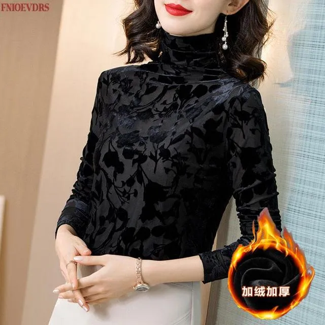 Wjczt Women Spring Winter Basic Shirts Slim Elegant Office Lady Polka Dot Warm Velvet Velour Gold Turtleneck Tops Blouse