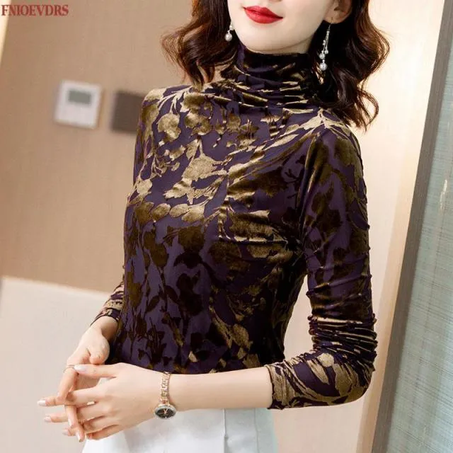 Wjczt Women Spring Winter Basic Shirts Slim Elegant Office Lady Polka Dot Warm Velvet Velour Gold Turtleneck Tops Blouse