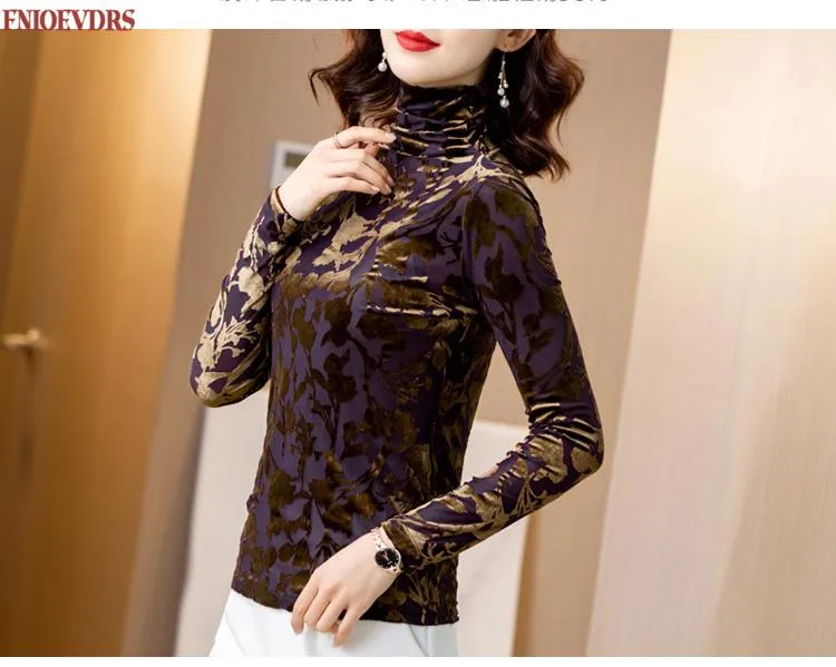 Wjczt Women Spring Winter Basic Shirts Slim Elegant Office Lady Polka Dot Warm Velvet Velour Gold Turtleneck Tops Blouse