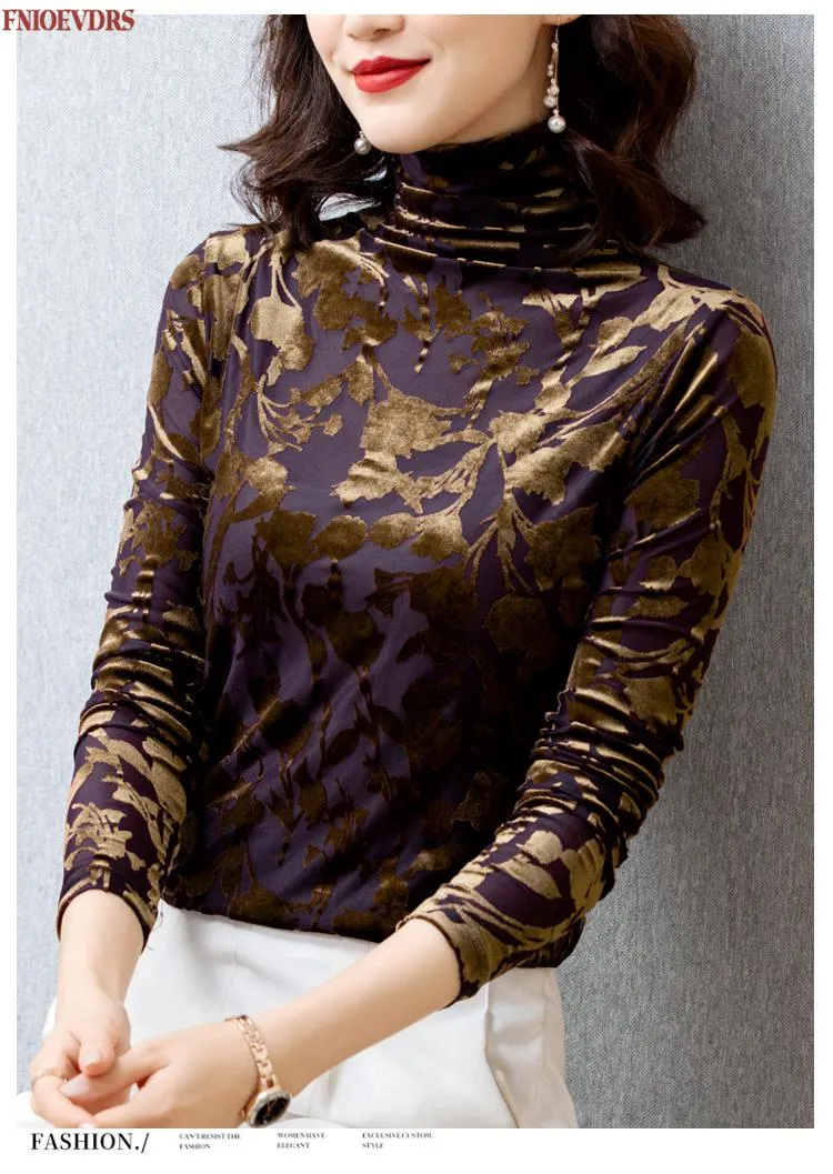 Wjczt Women Spring Winter Basic Shirts Slim Elegant Office Lady Polka Dot Warm Velvet Velour Gold Turtleneck Tops Blouse