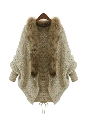 Women Faux Fur Collar Coat Batwing Sleeve Loose Shawl Sweater