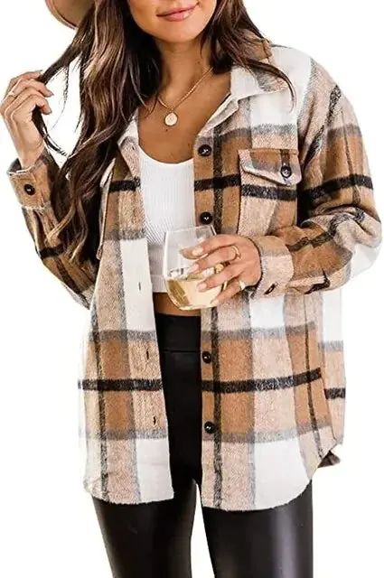 Women Flannel Casual Plaid Button Down Long Sleeve Woolen Shirt Vintage Elegant Fashion Jacket Coat Fashion Woman Blouse