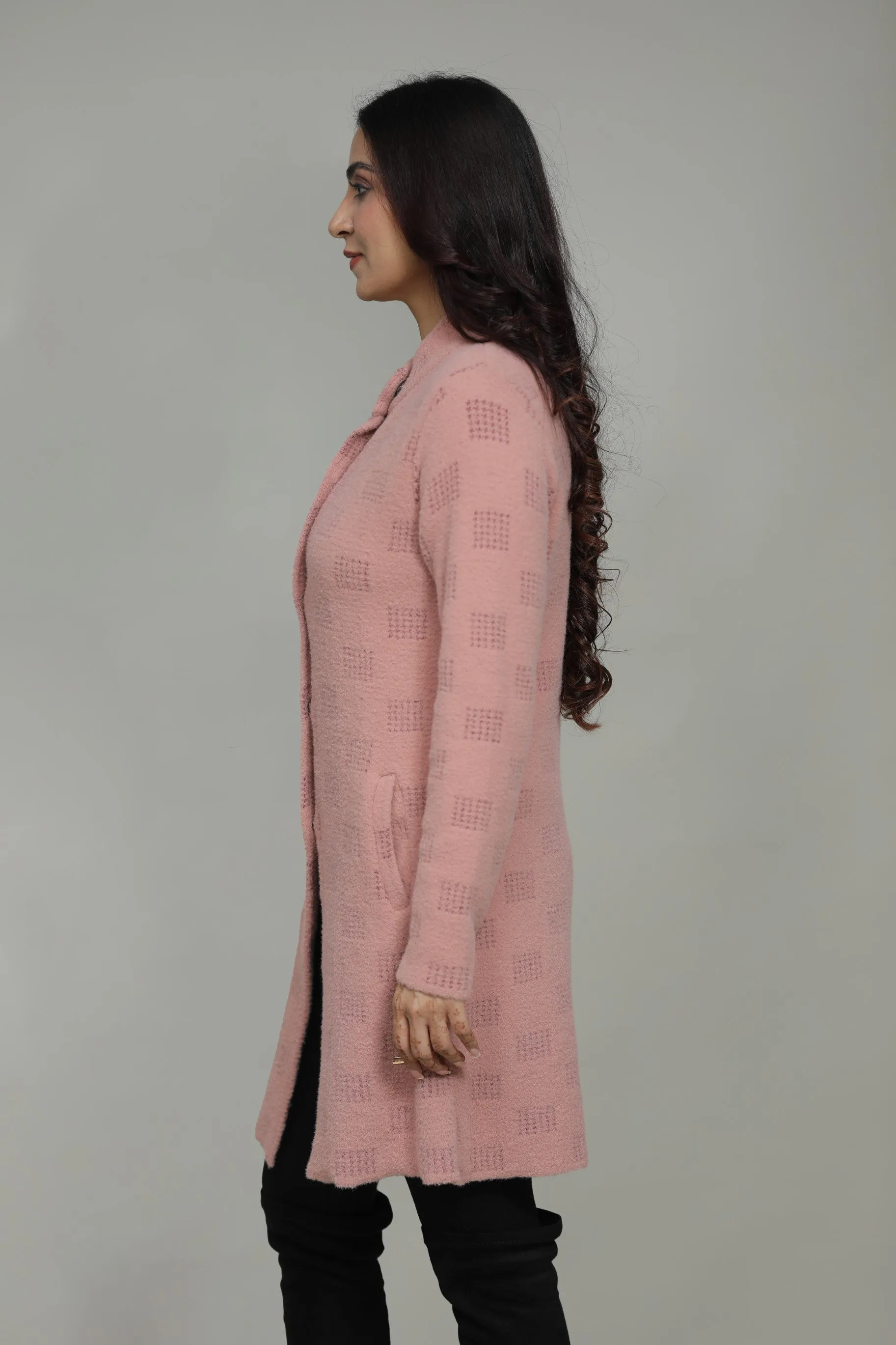 Women Woolen Round Neck Long Coat