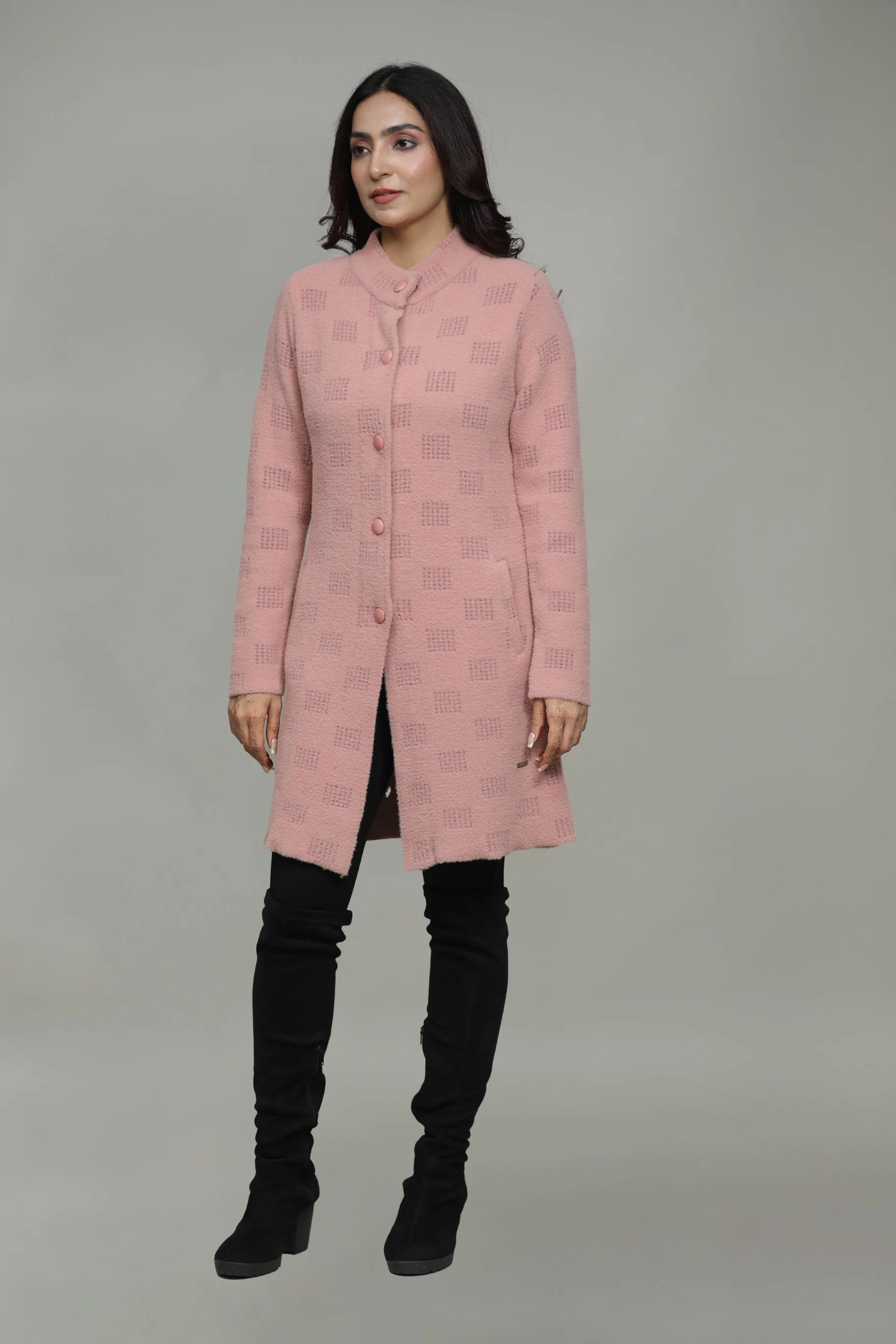 Women Woolen Round Neck Long Coat