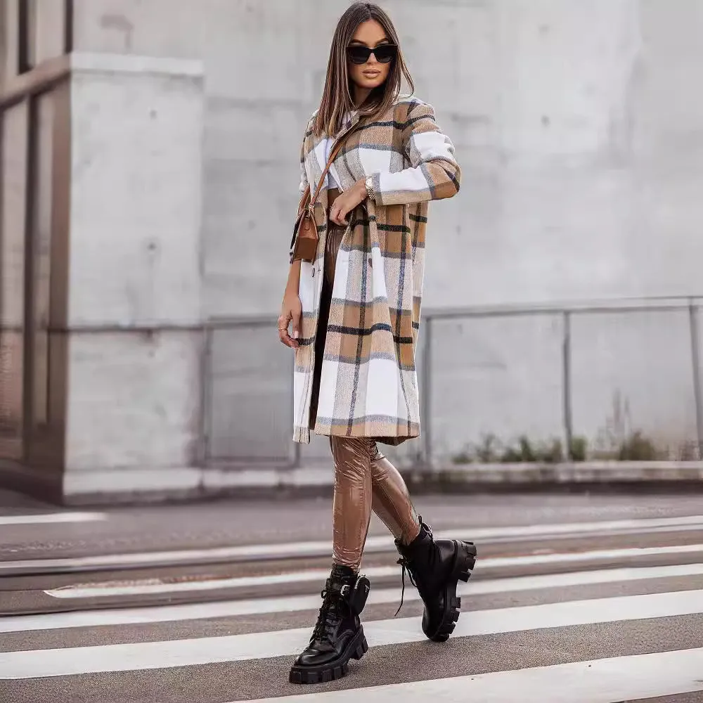 Women's Fall Winter Fashion Brushed Mid-length Plaid Wool Coat