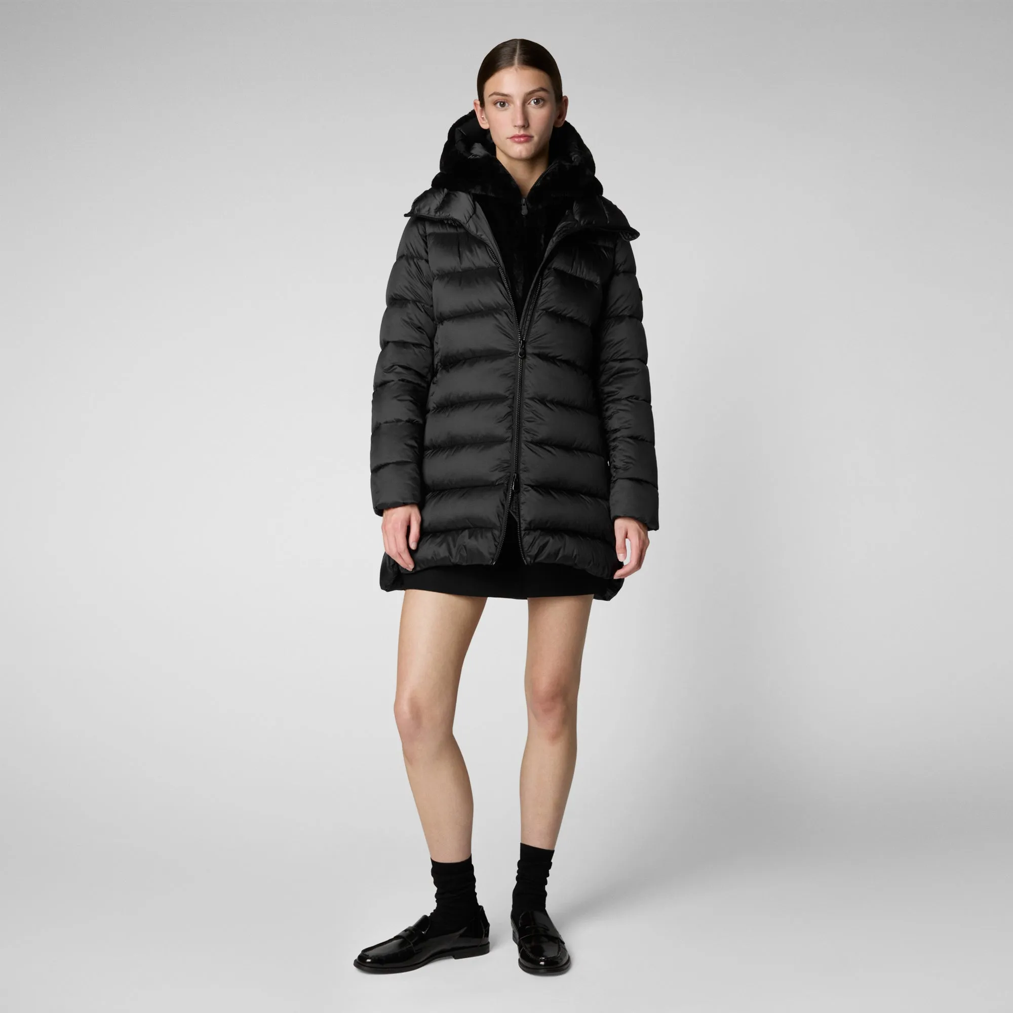 Women's Hooded Animal free Puffer Coat Matilda with Faux Fur in Black